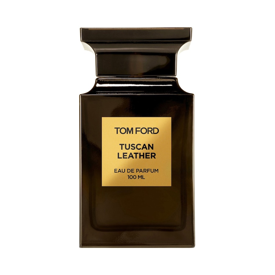 Flacon Tuscan Leather Tom Ford Private Blend verre transparent jus ambré plaque dorée